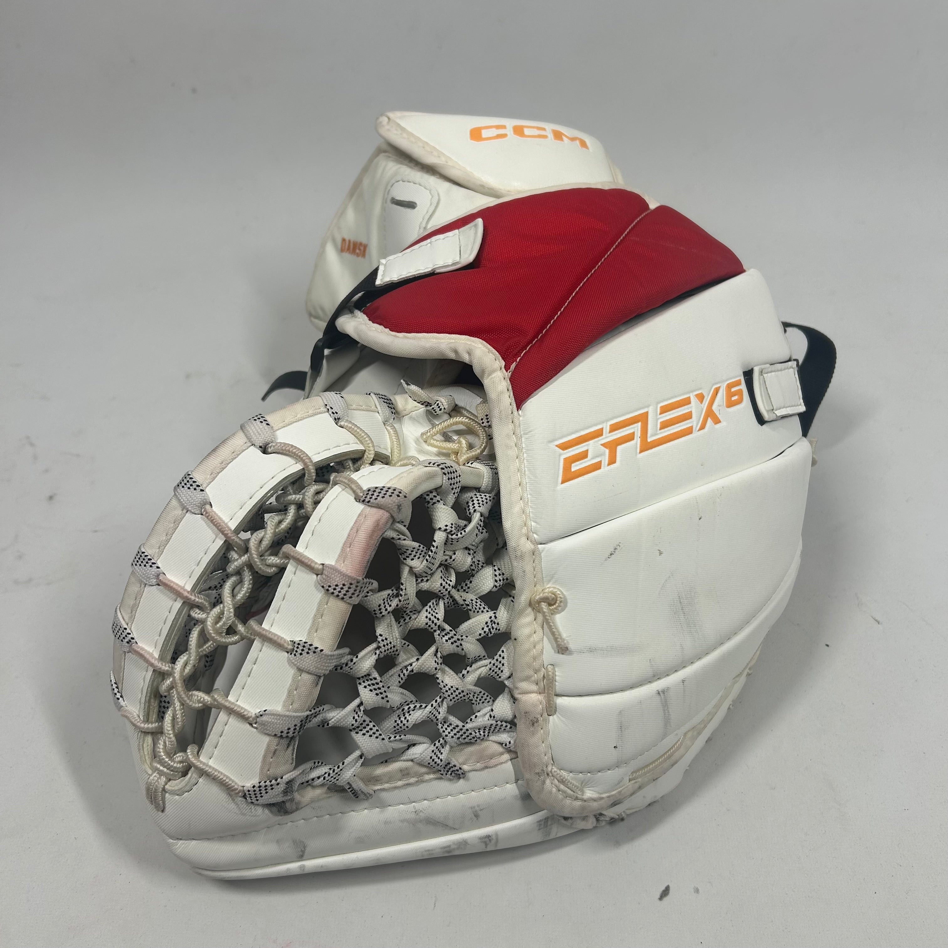 CCM Extreme Flex 6 - Used Pro Stock Goalie Glove - (White/Red/Yellow)